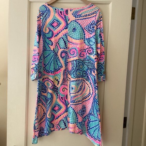 Lilly Pulitzer Edna Swing Dress Tile Wave Reduced Multi Asymmetrical Hem 3/4 Slv - Picture 8 of 13